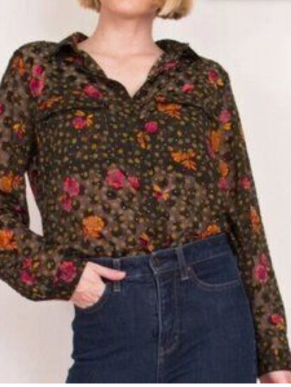 LOFT Womens Black Polka Dot Pink Floral Sheer Button-Up Blouse Shirt Maximalist